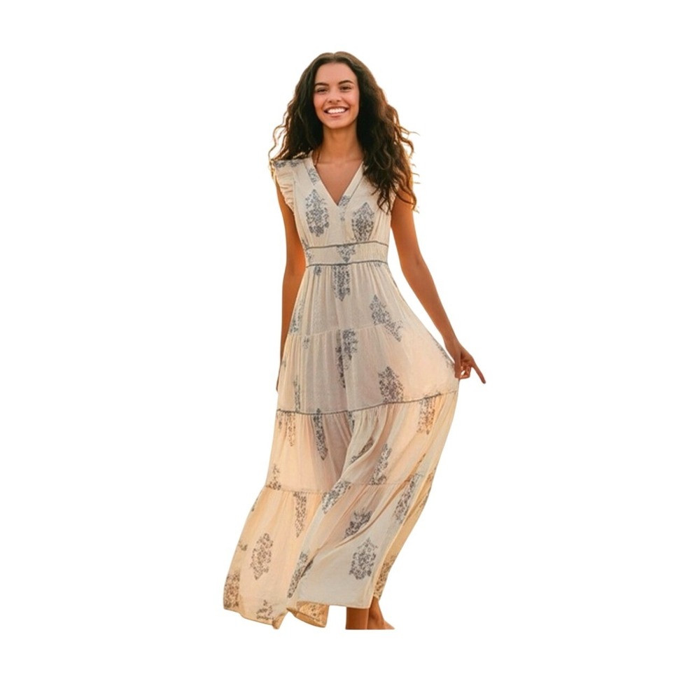 Lucky Brand Womens 100% Cotton  Floral Tiered Midi Dress Cream Prairie Boho XL